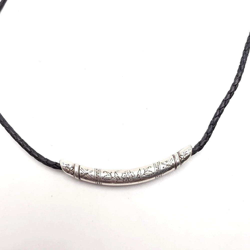 BRIGHTON City Floral Silver Plate Scrollwork Curve Bar Black Braided Leather 18"